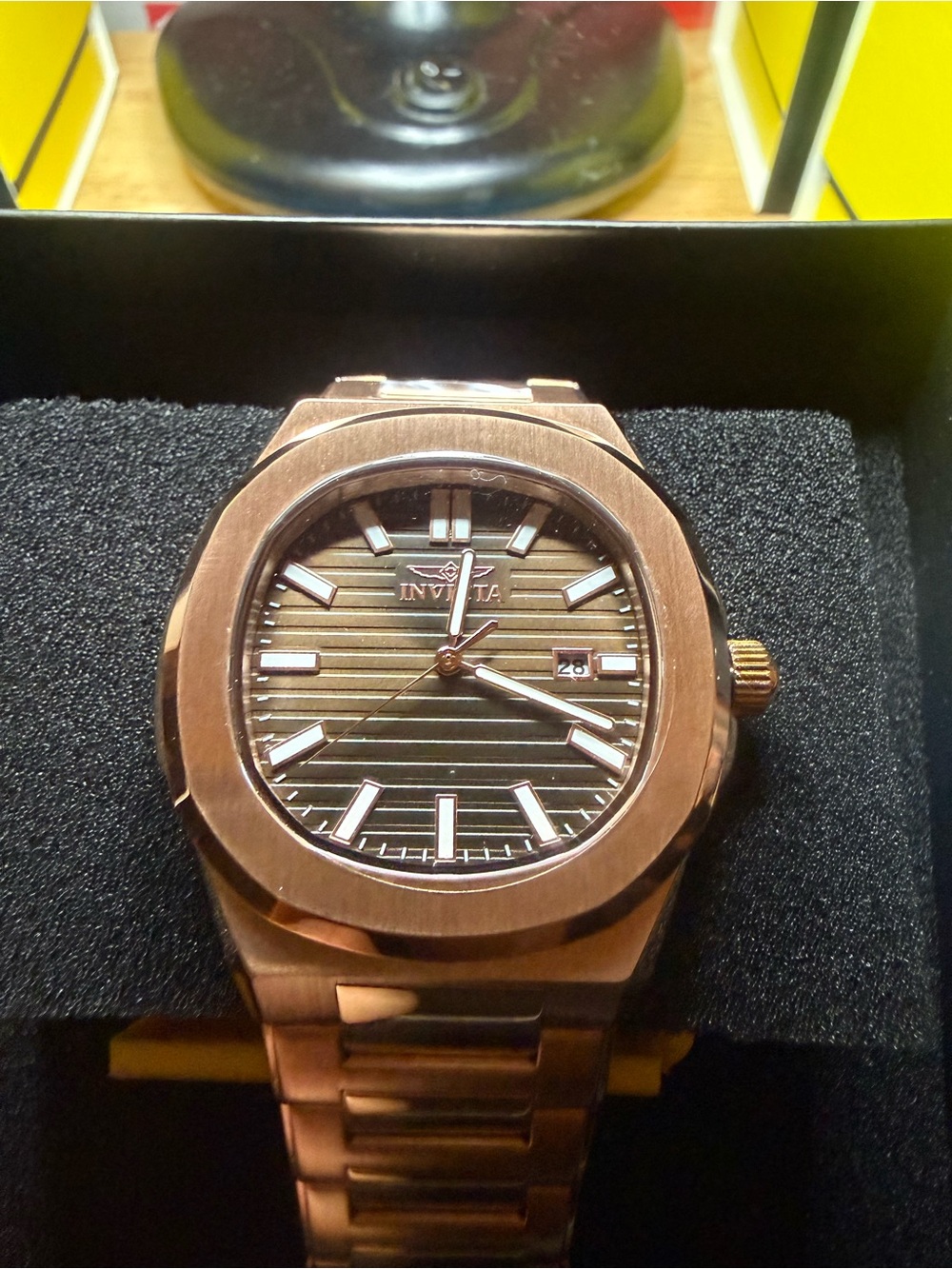 Invicta Rose Gold Tone Men's Bracelet Watch with Brown Striped Dial